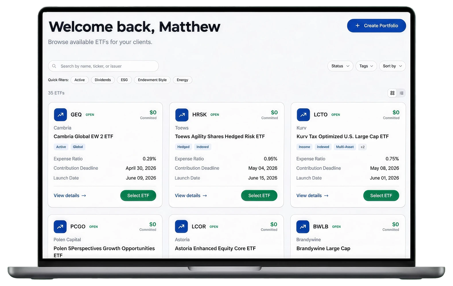 ExchangiFi dashboard listing available Section 351 exchange ETFs